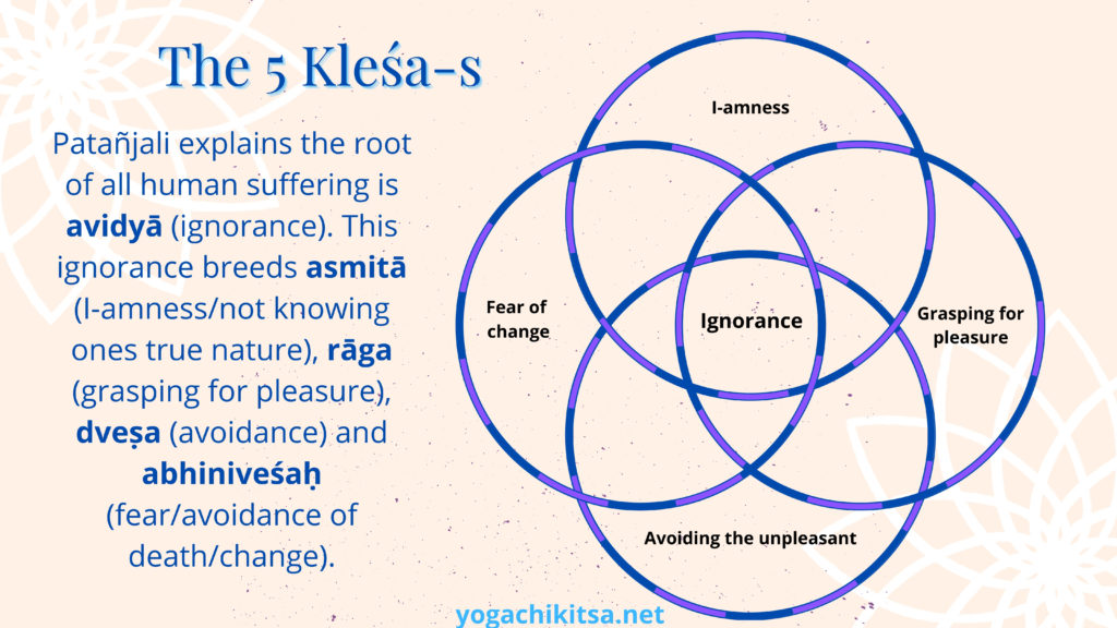 The 5 kleśa - ignorance, also identification, grasping, aversion, fear of change/death